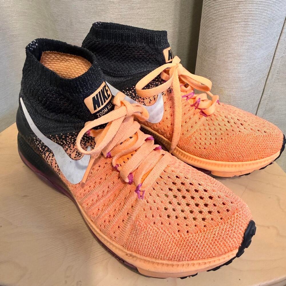 Nike Zoom All Out Flyknit Women’s Running Shoes – Orange/Black/Pink, Size 5
